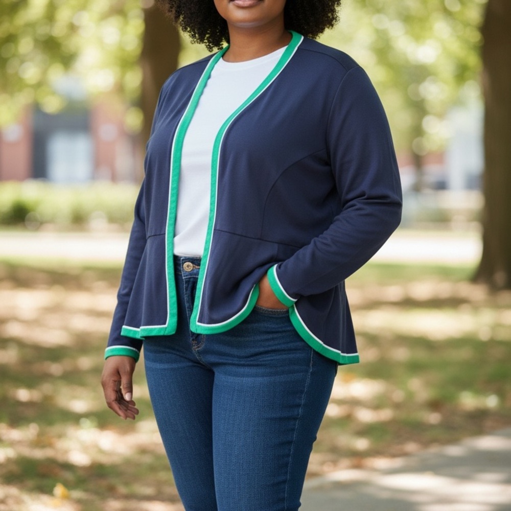JJill Navy Wearever Cardigan with Green Trim